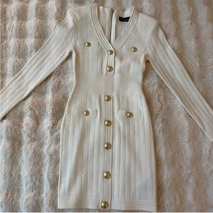 White Bodycon Ribbed Dress | Long Sleeve, Button Detail | Parisian-Inspired Look